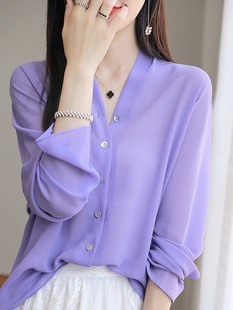 ins 外套宽松网纱衬衫 夏超薄V领雪纺上衣女2023新款 乔其纱防晒开衫