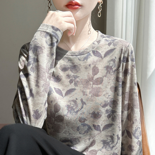 女圆领薄款 2026春季 T恤针织打底衫 水溶印花长袖 上衣防晒内搭 新款