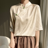 新款 复古气质真丝桑蚕丝白色衬衫 立领提花短袖 上衣女夏季