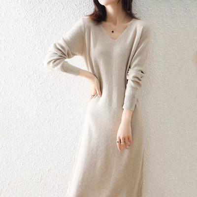 秋冬新款100纯羊毛衫路由器女中长款毛衣裙宽松显瘦针织打底长裙