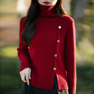 超好看慵懒设计感高领加厚红色毛衣短款冬季针织衫打底衫内搭上衣