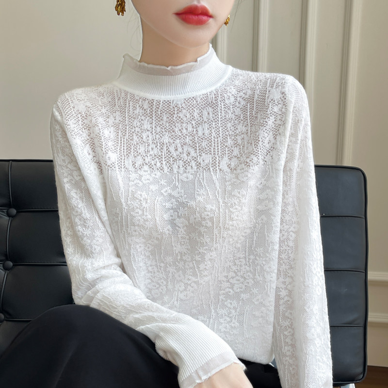法式甜美蕾丝钩花长袖针织打底衫女半高领羊毛衫外穿设计感上衣,女装/女士精品,毛针织衫,淘宝优惠券,粉丝福利购,淘宝优惠卷