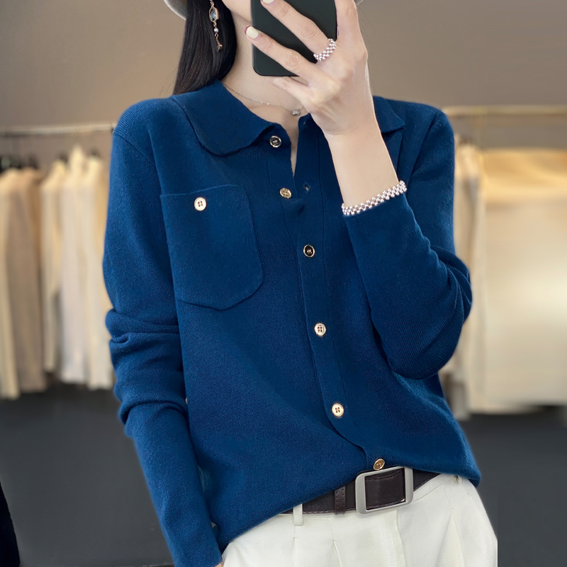 秋上新优雅清新POLO领羊毛针织开衫女宽松翻领外套衬衫薄款毛衣