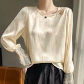 国风提花真丝上衣女春2024新款 桑蚕丝衬衫 盘扣新中式 复古拼长袖