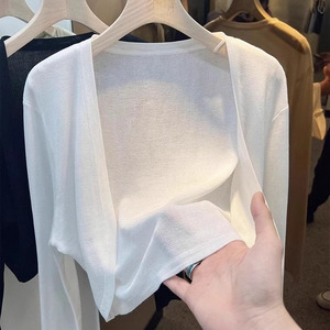 白色短款冰丝针织防晒开衫女薄款夏季吊带裙外搭薄纱外套空调罩衫