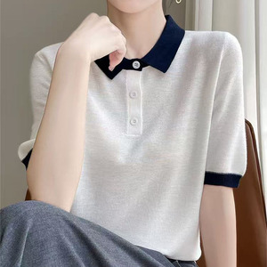冰丝针织短袖T恤女2025夏新款时尚简约小翻领爆款大码女装上衣