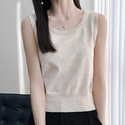 25春季新款桑蚕丝针织背心女冰丝内搭西装打底吊带遮副乳无袖上衣
