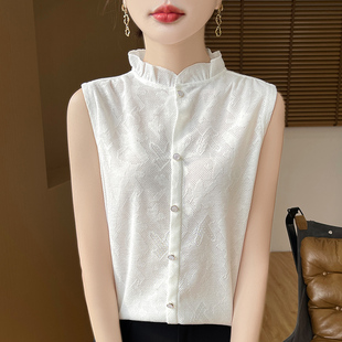 醋酸真丝半高领花边砍袖背心女打底宽松内搭无袖25年夏木耳边上衣
