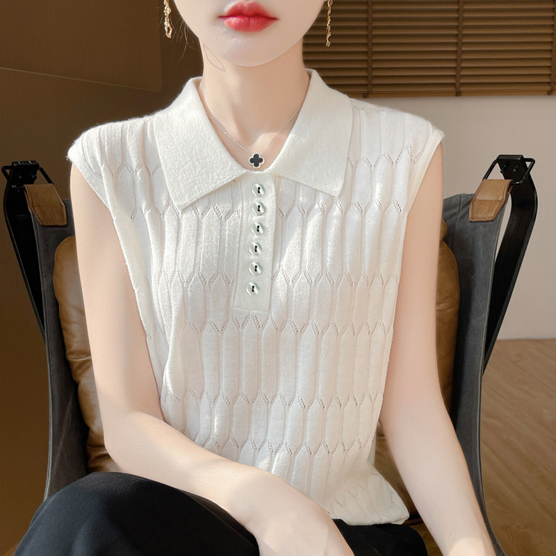 高级感气质无袖翻领针织衬衣女时尚洋气新款POLO领背心修身t恤衫