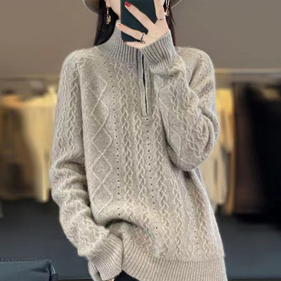 100%纯羊绒衫女高领拉链绞花长袖毛衣秋季半高领冬加厚宽松羊绒韩
