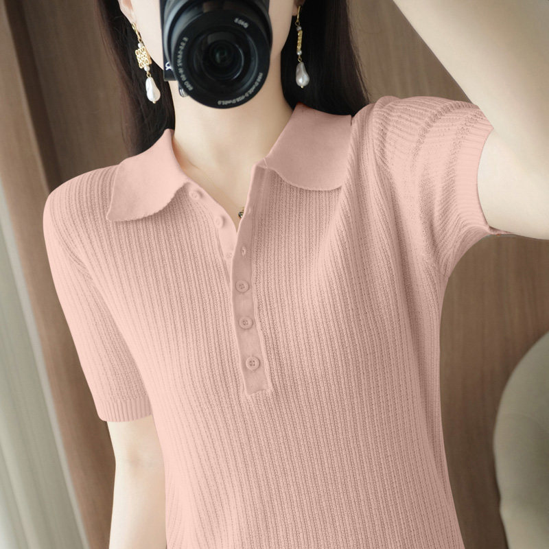 纯棉新款POLO领短袖针织衫女25年夏薄款修身内搭T恤套头外穿打底