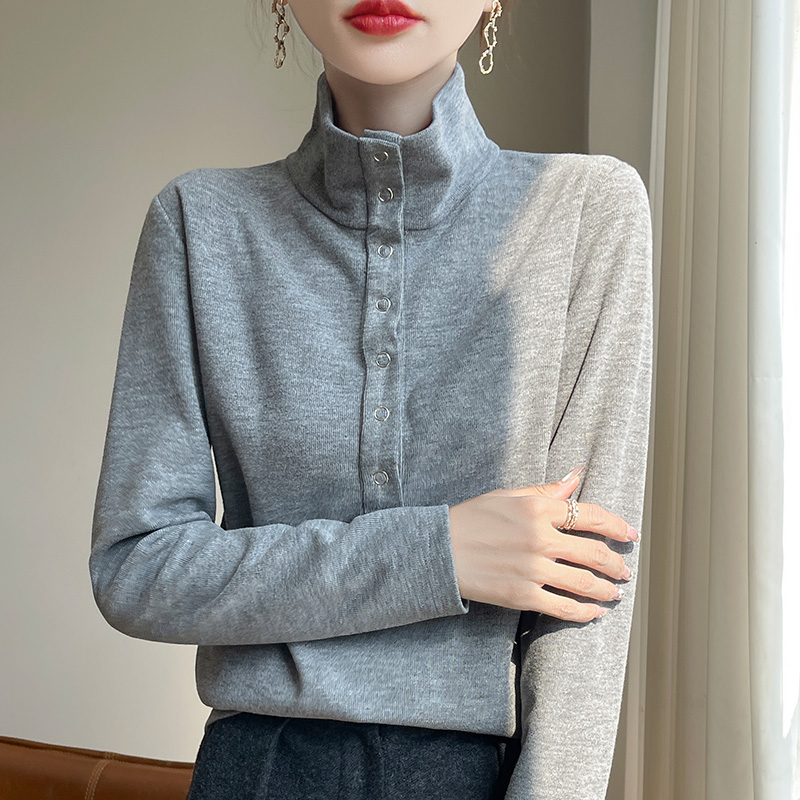 高级感纽扣半开领长袖打底衫女2024秋冬新款软糯保暖翻领内搭上衣