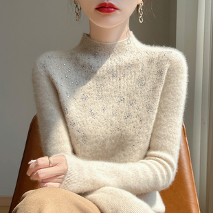 2025冬羊毛衫女半高领加厚时尚打底衫镶钻秋冬新款洋气毛衣套头韩