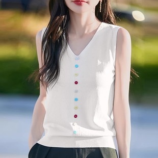 坎肩上衣T恤 2025夏设计感彩扣冰丝针织吊带背心女内搭外穿V领无袖