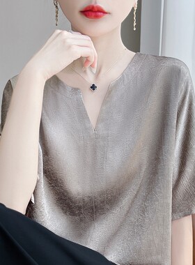 肌理感轻奢缎面衬衫短袖女立领纹理半开V领休闲半袖修身职业装T恤