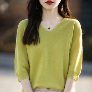 一线成衣针织短袖V领女五分袖薄内搭初秋亲肤羊毛宽松半袖打底衫