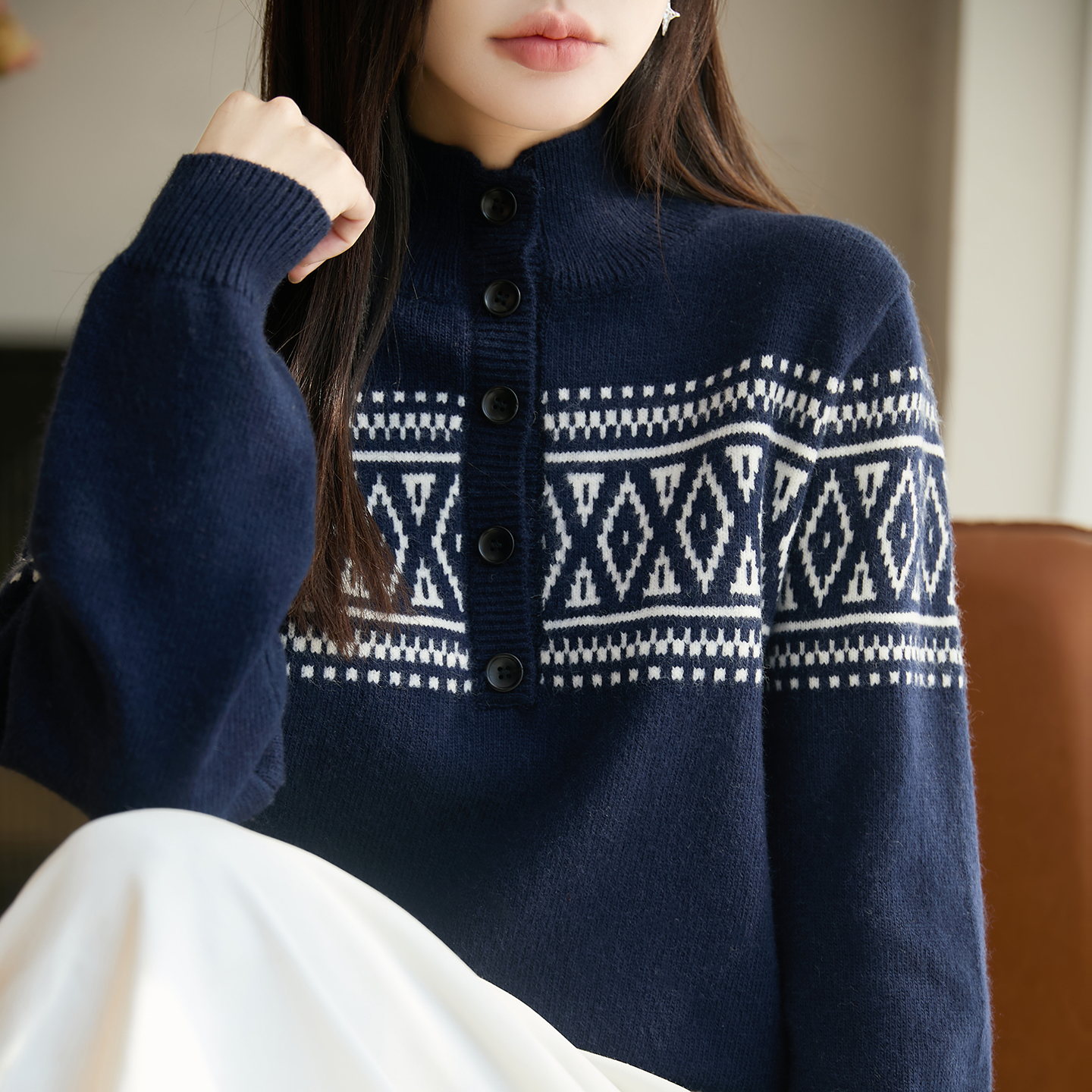 法式复古提花高领毛衣开衫女2025新款慵懒风宽松外穿羊毛针织上衣