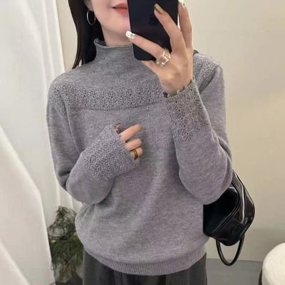 高级感烫钻半高领针织衫女秋冬内搭打底毛衣韩版宽松显瘦提花上衣