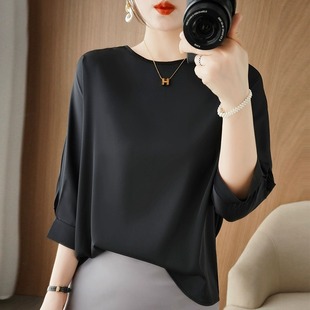 圆领宽松大码 真丝T恤衬衫 女 洋气外搭 宽袖 新款 夏季 醋酸缎面九分袖