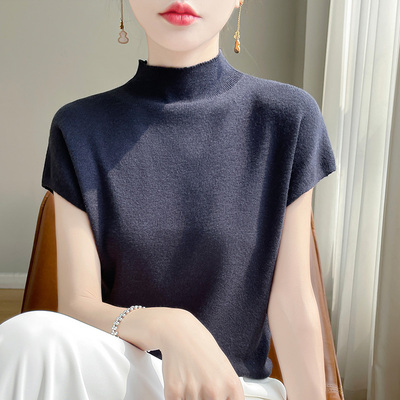 高级感半高领短袖女薄款夏季新款2025洋气针织衫宽松内搭打底上衣