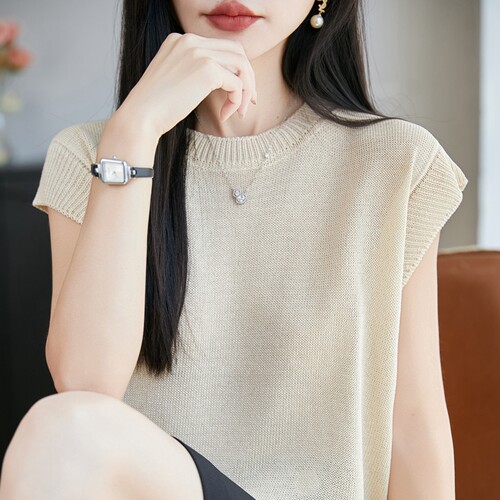 2026夏季新款珍珠麻针织短袖女圆领小飞袖透气薄款T恤衫上衣小衫