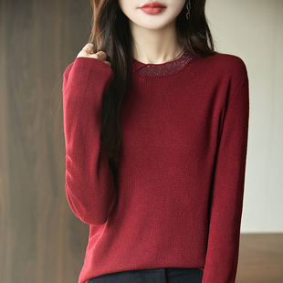 2024冬季新款100羊绒衫女圆领烫钻产效果针织打底衫宽松纯色上衣