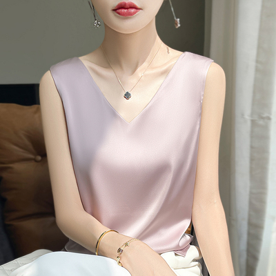 2025春夏新款V领吊带背心女宽松缎面宽肩外传无袖西装内搭打底衫