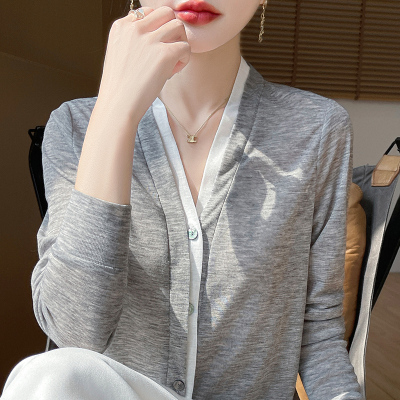 2025春秋新款气质法式撞色V领假两件羊毛开衫女宽松针织外套上衣