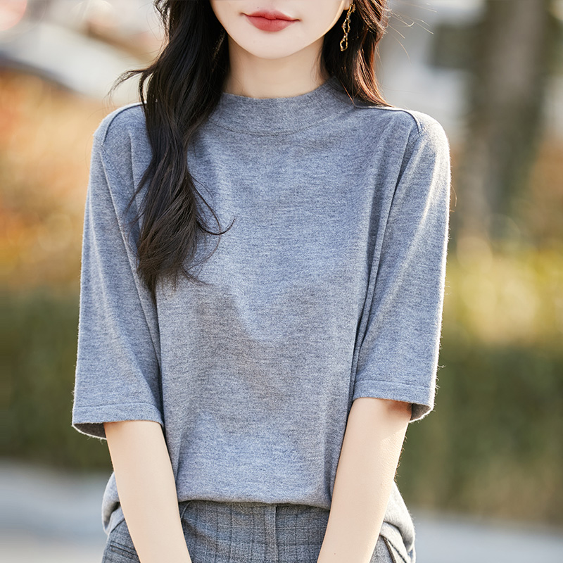 秋冬薄款五分袖针织衫宽松休闲遮肉高领内搭打底衫五分袖T恤1213e