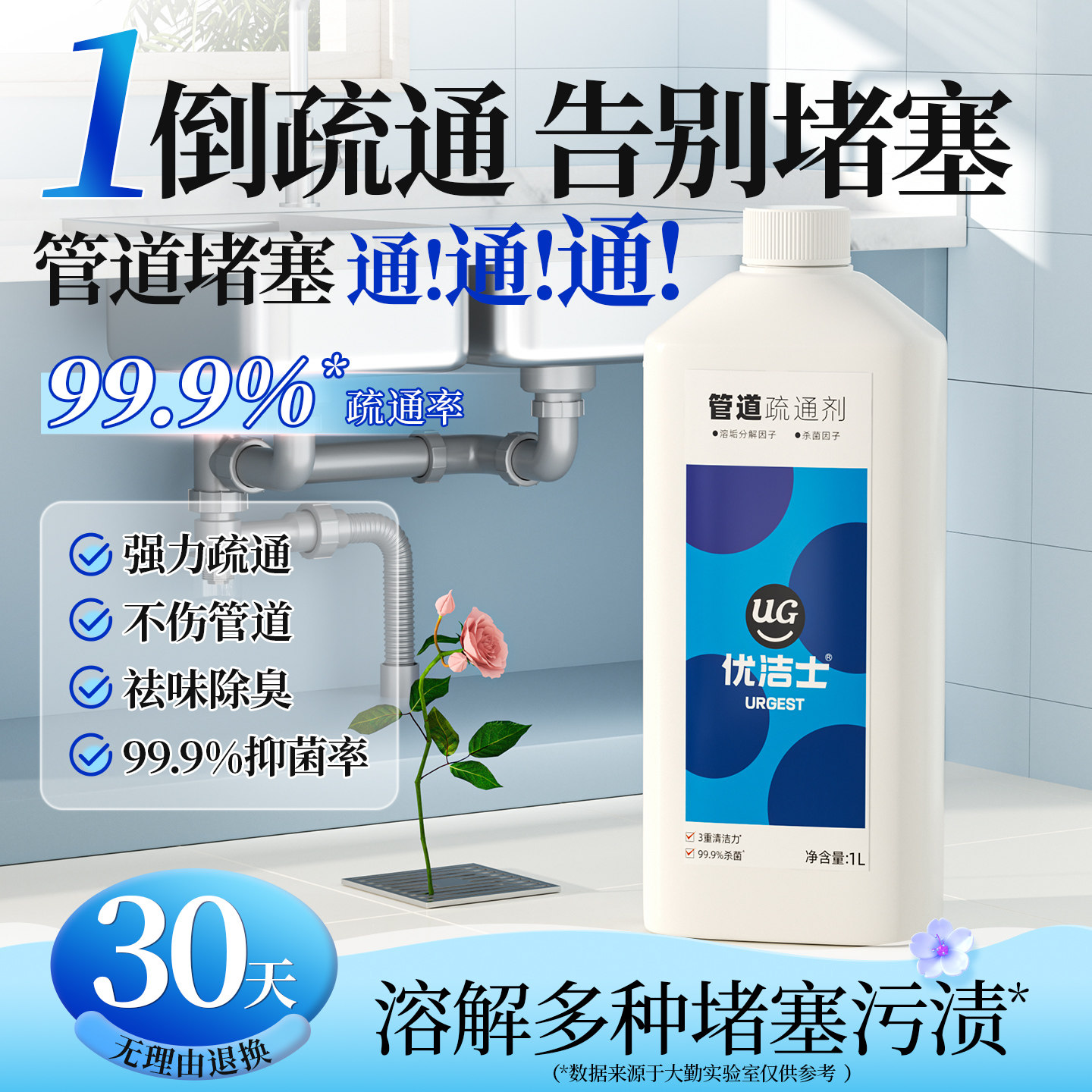 优洁士管道疏通剂马桶地漏水道堵塞强力溶解油污去污除味除臭神器