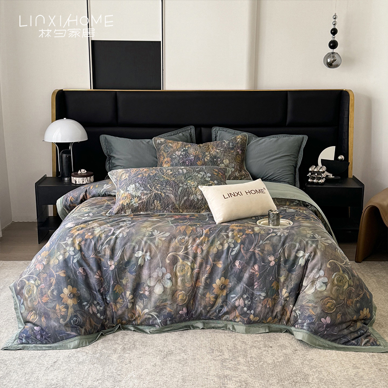 林夕·琳瑶 80支印花天丝棉床盖五件套 美式复古绗缝床盖三件套