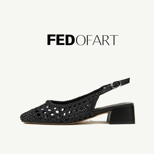 fed女鞋春夏包头粗跟中跟编织镂空后空单鞋羊皮半凉鞋女