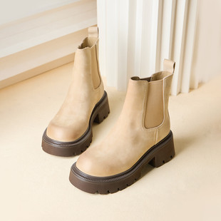 fed秋冬真皮复古粗跟靴子女短靴切尔西靴烟筒靴女