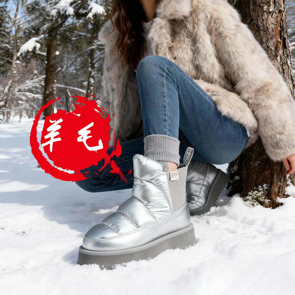 fed羊毛保暖冬季加绒厚底靴子女短靴休闲靴棉靴雪地靴女