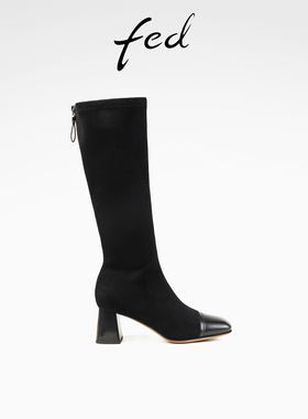 fed气质瘦瘦靴冬季新款女靴方头时装靴拼接长筒靴女款D1111-ZC797
