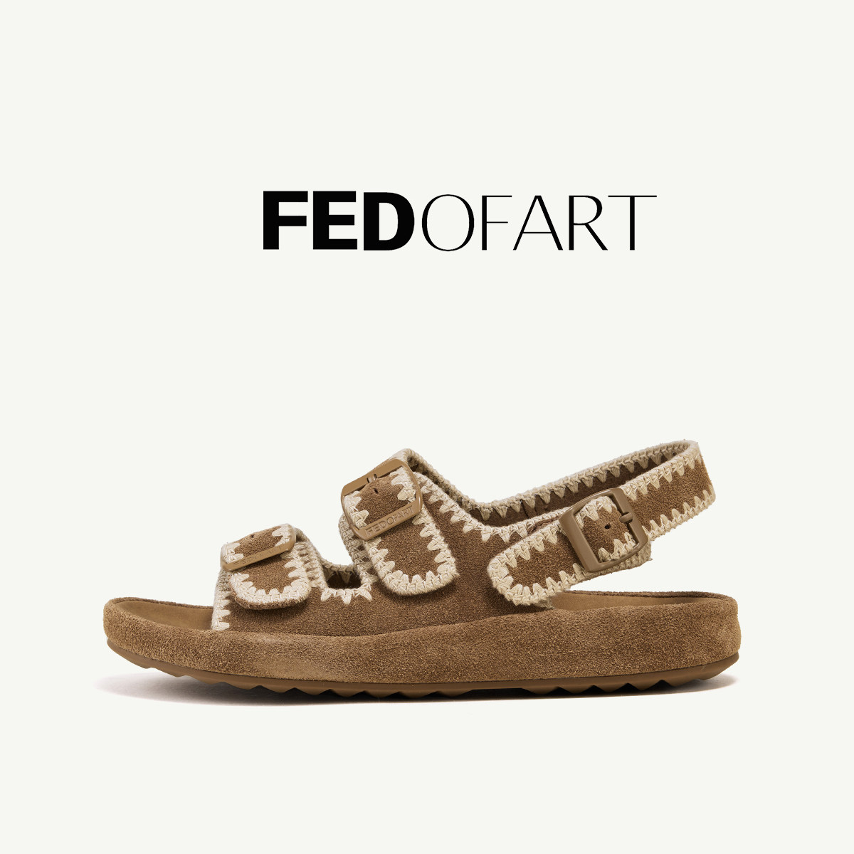 fed缝线牛皮女凉鞋夏露趾平底运动休闲沙滩户外勃肯鞋罗马凉鞋女