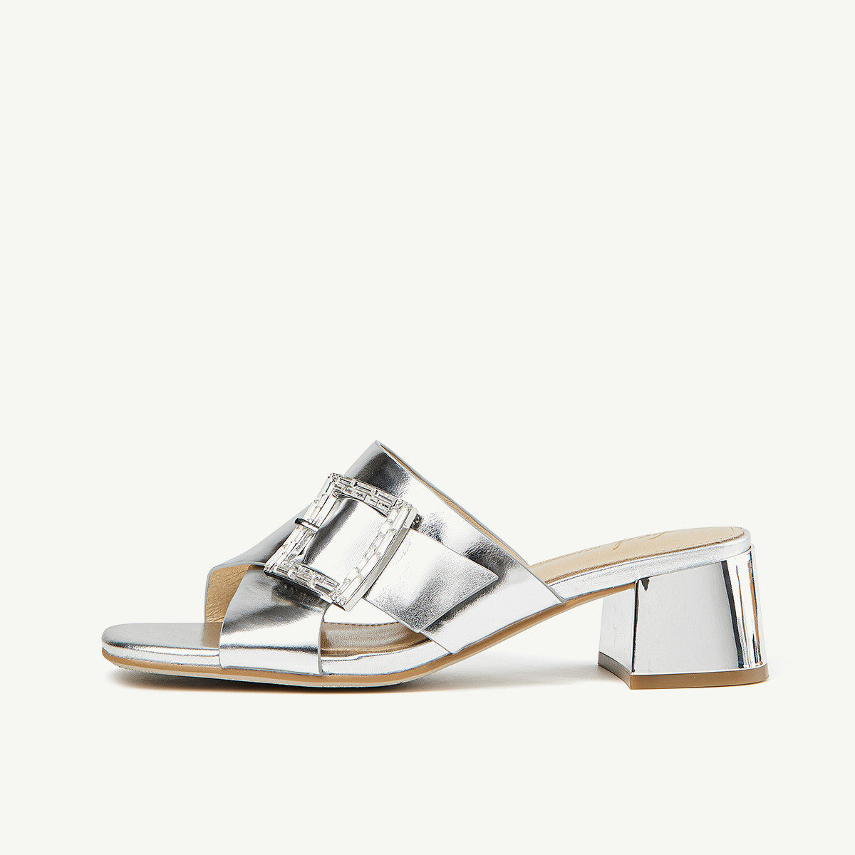 fed金属牛皮女凉鞋夏季真皮露趾粗中跟百搭通勤时装凉拖鞋女外穿