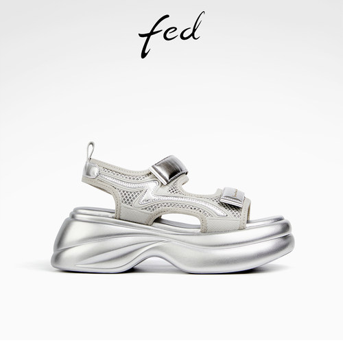 fed银色休闲凉鞋夏季新款女鞋厚底增高运动凉鞋女款D0509-YAB666