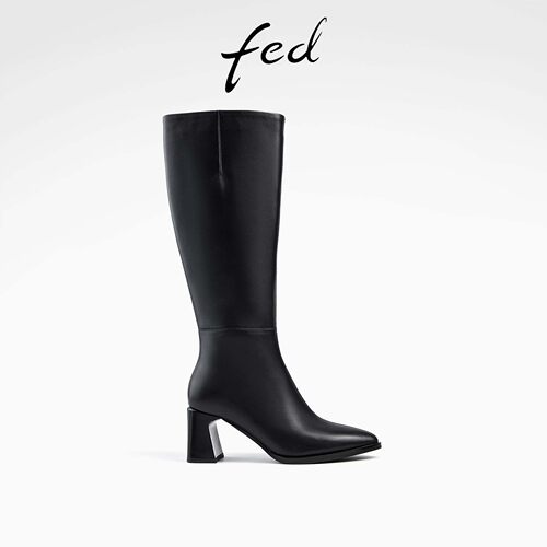 fed黑色骑士靴冬季新款女靴粗高跟时装靴真皮长筒靴女D0923-ZC101