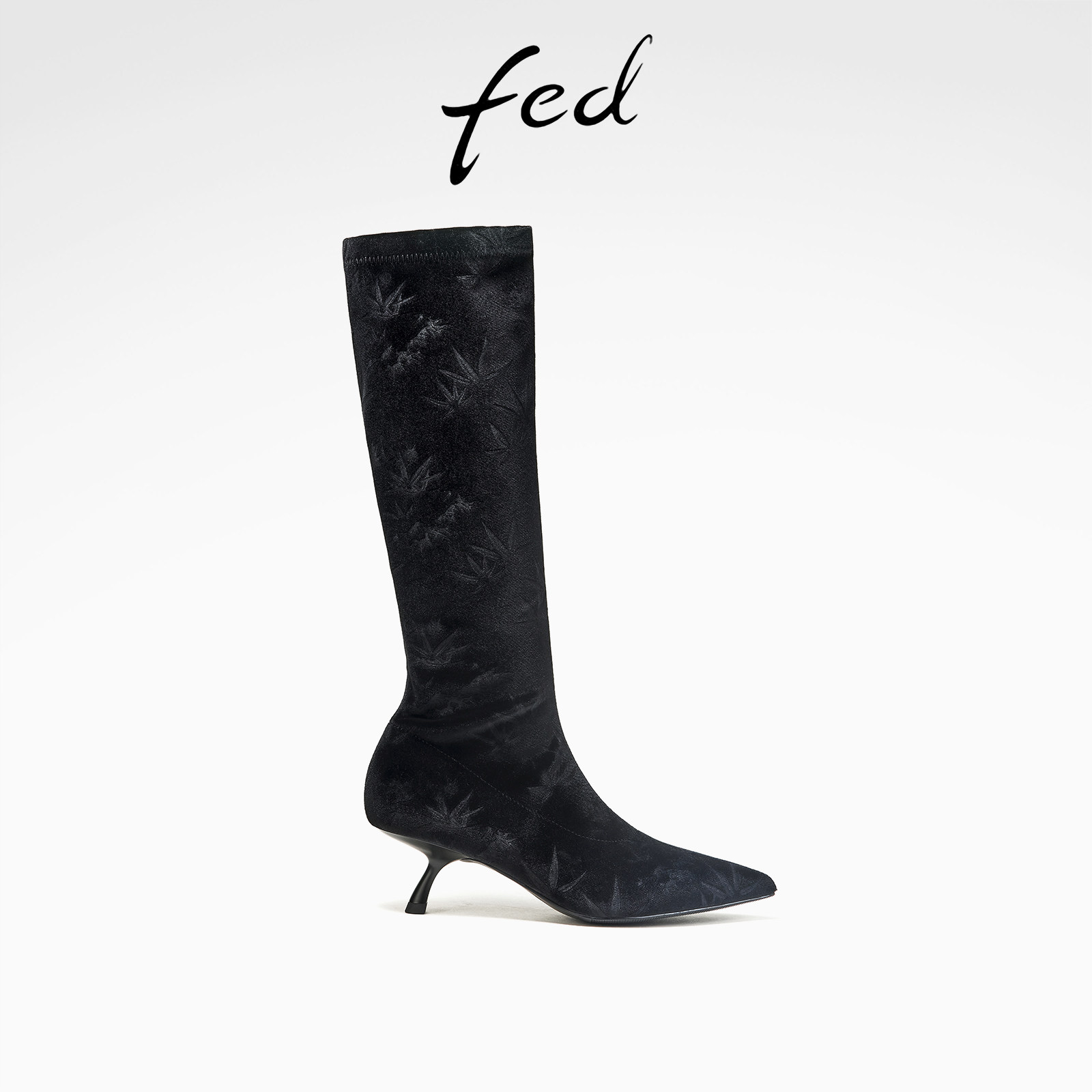 fed气质长筒靴冬季新款女靴黑色时装靴绒面堆堆靴女款D1004-ZF105