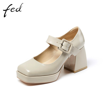 FED真皮女鞋秋气质百搭方头防水台粗跟单鞋女时装高跟玛丽珍鞋女