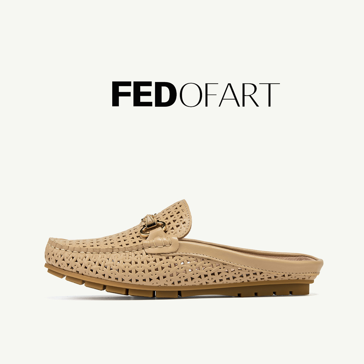 fed冲孔牛皮女鞋夏包头真皮编织镂空平底一脚蹬穆勒凉拖鞋女外穿