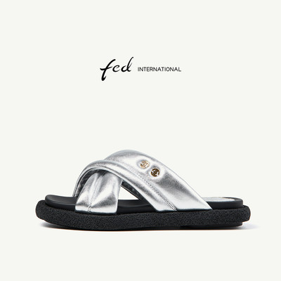 fed外穿拖鞋夏季新款女鞋一字拖银色沙滩凉拖鞋女款DTG936