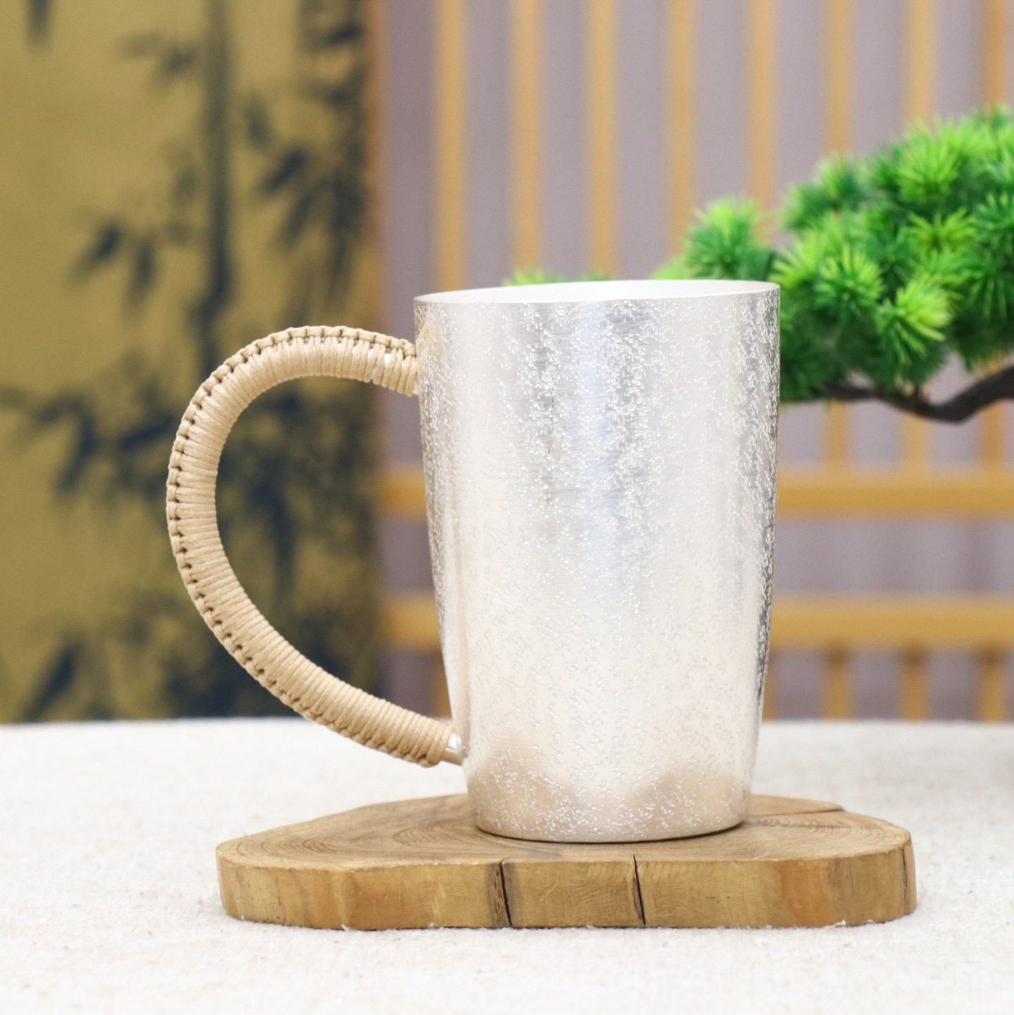 360毫升鱼子纹纯银茶杯子999手工银水杯银茶缸子大容量办公马克