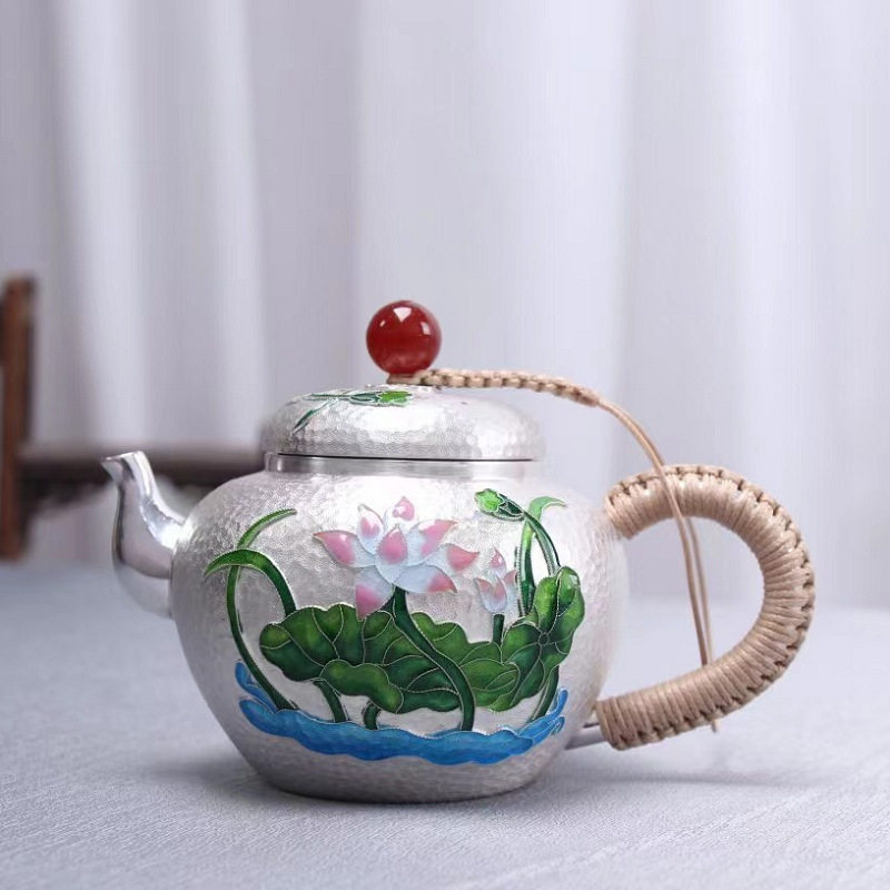 花丝珐琅彩银壶烧水壶纯银999茶具套装家用煮茶壶足银景泰蓝茶器