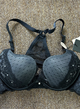 衣恋旗下EBLIN 性感黑色U型杯蕾丝聚拢上托美背文胸ECBR862091