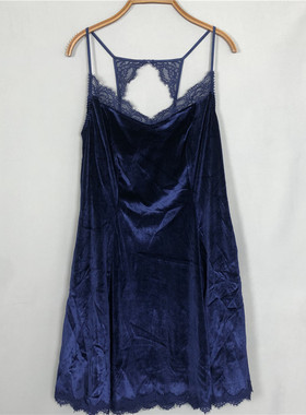 衣恋旗下EBLIN 魅惑蓝色丝绒吊带睡裙家居服气质女士ECFL84T051