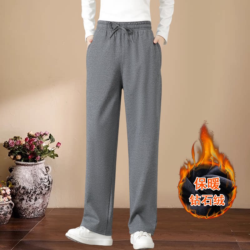 深灰色运动裤女加绒直筒宽松卫裤秋冬中老年妈妈高腰大码休闲裤子