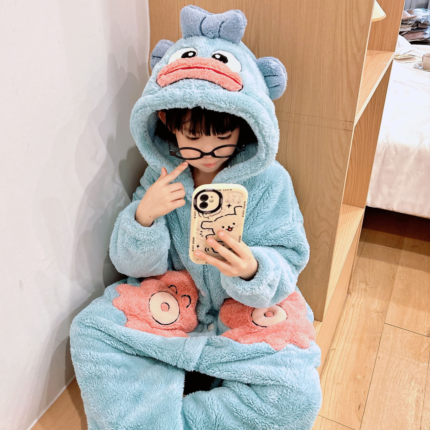 小丑鱼女童法兰绒连体睡衣冬季中大童可爱超萌儿童加厚珊瑚绒睡袋
