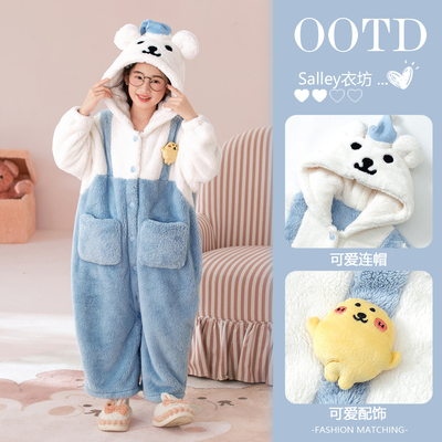 女童珊瑚绒睡袍冬季加绒加厚长款睡裙可爱超萌儿童法兰绒连体睡衣